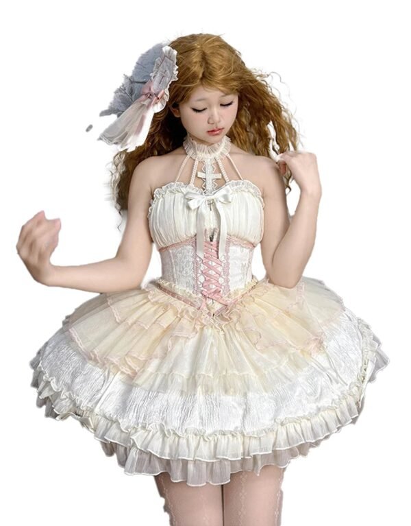Sweet Lolita Corset Skirt Pre-Order 74 Sweet Lolita Corset Skirt Pre-Order LuckeLadybug LLC Sweet Lolita Corset Skirt in ivory with lace details and ruffled layers