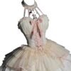 Elegant white and pink sweet lolita corset skirt with ruffled layers and lace details