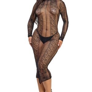 LuckeLadybug LLC black fishnet bodystocking styled as Gretta midi dress for women model wearing black heels