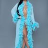 LuckeLadybug LLC model wearing light blue feather trim floor length sheer robe showcasing black sheer glamour robe style