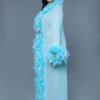 Model wearing light blue floor length sheer robe with feather trim side view black sheer glamour robe
