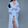 LuckeLadybug LLC model wearing pale blue feather trimmed gown styled like black sheer glamour robe