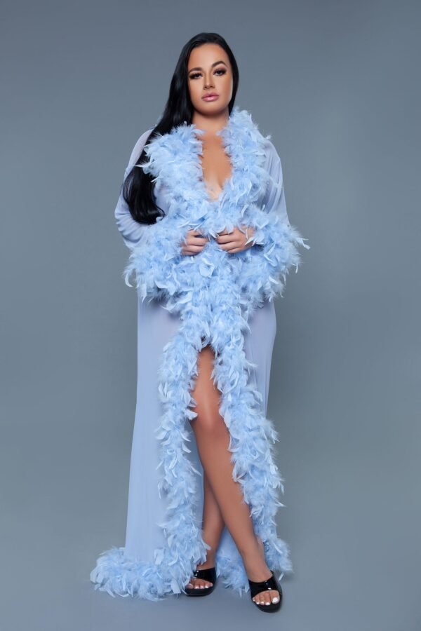 Black Sheer Glamour Robe Feather Trim 56 Black Sheer Glamour Robe Feather Trim LuckeLadybug LLC model wearing pale blue feather trimmed gown styled like black sheer glamour robe