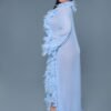 LuckeLadybug LLC model wearing light blue sheer feather trimmed robe, product photo for black sheer glamour robe