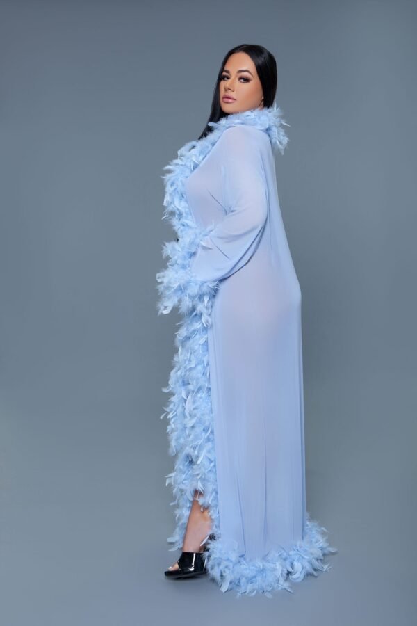 Black Sheer Glamour Robe Feather Trim 68 Black Sheer Glamour Robe Feather Trim LuckeLadybug LLC model wearing light blue sheer feather trimmed robe, product photo for black sheer glamour robe