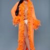 Model wearing orange feather trim robe and heels for LuckeLadybug LLC product image black sheer glamour robe