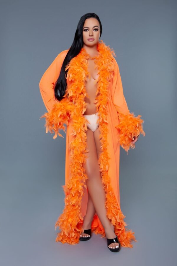 Black Sheer Glamour Robe Feather Trim 54 Black Sheer Glamour Robe Feather Trim Model wearing orange feather trim robe and heels for LuckeLadybug LLC product image black sheer glamour robe
