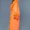Model wearing long orange feather trim robe by LuckeLadybug LLC tagged as black sheer glamour robe