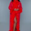 LuckeLadybug LLC model in red feather trim sheer robe showcasing design for black sheer glamour robe listing