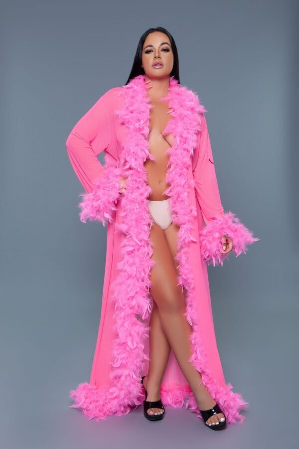 Black Sheer Glamour Robe Feather Trim 55 Black Sheer Glamour Robe Feather Trim LuckeLadybug LLC pink feather trimmed long robe inspired by black sheer glamour robe style