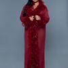 LuckeLadybug LLC product image of black sheer glamour robe listing showing model in burgundy feather trim robe
