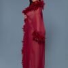 Model wearing a red sheer feather trimmed floor length robe in studio pose includes black sheer glamour robe
