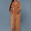 LuckeLadybug LLC model wearing tan floor length feather trim robe shown for black sheer glamour robe listing