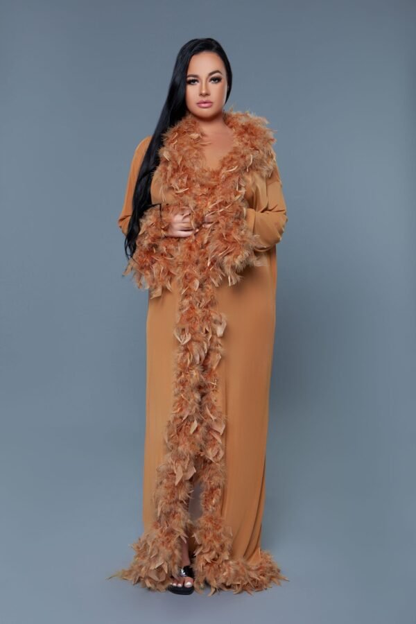 Black Sheer Glamour Robe Feather Trim 62 Black Sheer Glamour Robe Feather Trim LuckeLadybug LLC model wearing tan floor length feather trim robe shown for black sheer glamour robe listing