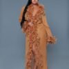 Model in long camel feather trim robe by LuckeLadybug LLC for product listing of black sheer glamour robe