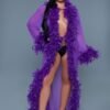 Model wearing LuckeLadybug long purple feather trim black sheer glamour robe over black lingerie and heels
