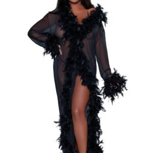 Model wearing LuckeLadybug LLC black sheer glamour robe floor length with feather trim and long sleeves