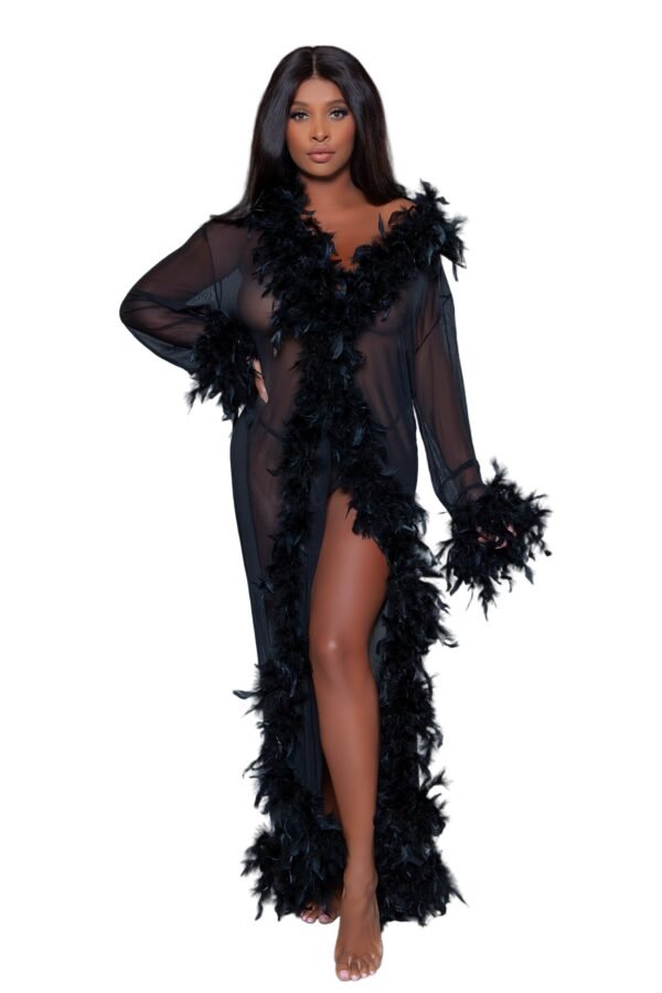 Black Sheer Glamour Robe Feather Trim 49 Black Sheer Glamour Robe Feather Trim Model wearing LuckeLadybug LLC black sheer glamour robe floor length with feather trim and long sleeves