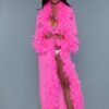 Model in long pink feather trim robe with front slit product image for LuckeLadybug LLC black sheer glamour robe