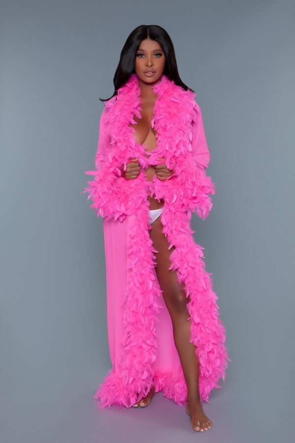 Black Sheer Glamour Robe Feather Trim 51 Black Sheer Glamour Robe Feather Trim Model in long pink feather trim robe with front slit product image for LuckeLadybug LLC black sheer glamour robe