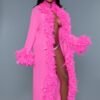LuckeLadybug LLC model in a pink feather trim long robe open over lingerie alternative to black sheer glamour robe