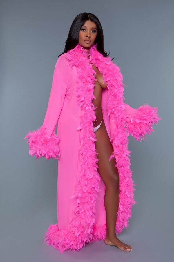 Black Sheer Glamour Robe Feather Trim 63 Black Sheer Glamour Robe Feather Trim LuckeLadybug LLC model in a pink feather trim long robe open over lingerie alternative to black sheer glamour robe
