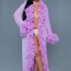 LuckeLadybug LLC model in lavender feather trimmed robe over white lingerie studio portrait black sheer glamour robe