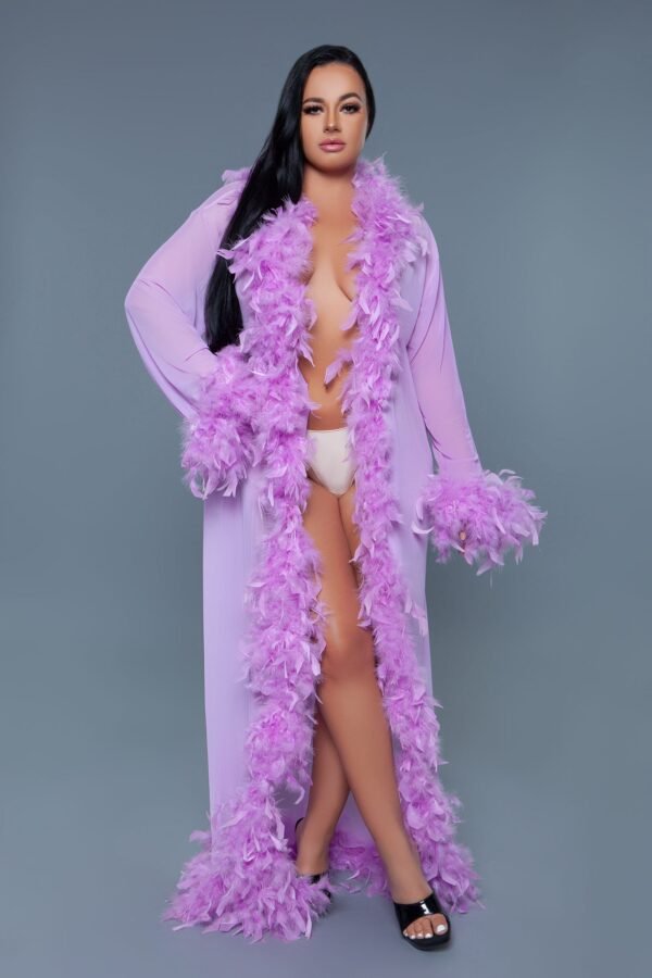 Black Sheer Glamour Robe Feather Trim 52 Black Sheer Glamour Robe Feather Trim LuckeLadybug LLC model in lavender feather trimmed robe over white lingerie studio portrait black sheer glamour robe