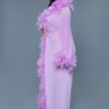 Model in lavender feather trimmed full length robe by LuckeLadybug LLC includes keyword black sheer glamour robe