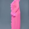 Model wearing a long pink feather trimmed robe by LuckeLadybug LLC for product listing black sheer glamour robe
