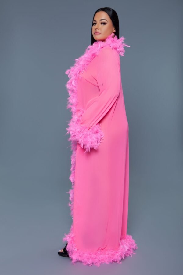 Black Sheer Glamour Robe Feather Trim 67 Black Sheer Glamour Robe Feather Trim Model wearing a long pink feather trimmed robe by LuckeLadybug LLC for product listing black sheer glamour robe