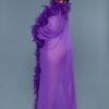 LuckeLadybug LLC black sheer glamour robe in purple variation floor length sheer robe with feather trim