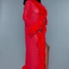 Model in red sheer feather trimmed robe LuckeLadybug LLC variation of black sheer glamour robe