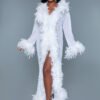 LuckeLadybug black sheer glamour robe listing featuring model in long white feather trimmed sheer robe