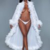 LuckeLadybug LLC product black sheer glamour robe listing photo shows model in long white feather trimmed robe