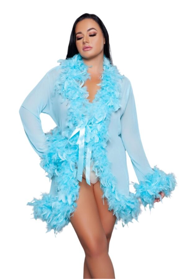 Feather Trim Robe Sheer Black Lingerie 58 Feather Trim Robe Sheer Black Lingerie LuckeLadybug LLC light blue feather trim robe with satin tie worn by model