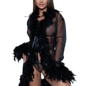LuckeLadybug LLC black feather trim robe sheer lightweight with feather accents for elegant loungewear