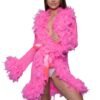 LuckeLadybug LLC vibrant pink feather trim robe with satin tie belt worn by model