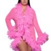 LuckeLadybug LLC pink feather trim robe with soft feather accents on sleeves and hem