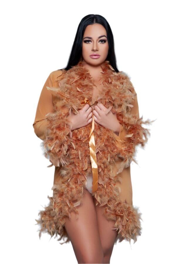 Feather Trim Robe Sheer Black Lingerie 50 Feather Trim Robe Sheer Black Lingerie LuckyLadybug LLC feather trim robe in light brown with soft feather details on collar and sleeves