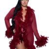 LuckeLadybug LLC red feather trim robe with sheer fabric and fluffy feather detailing on sleeves and collar