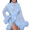 Light blue feather trim robe by LuckeLadybug LLC with soft feather accents on collar and cuffs