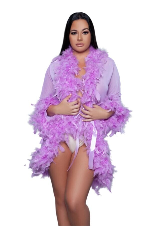 Feather Trim Robe Sheer Black Lingerie 53 Feather Trim Robe Sheer Black Lingerie LuckeLadybug LLC feather trim robe in lavender worn by woman with long dark hair