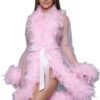 LuckeLadybug LLC pink feather trim robe with sheer fabric and satin belt for elegant loungewear