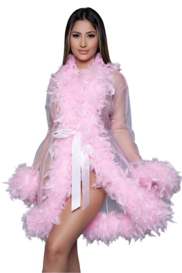 Feather Trim Robe Sheer Black Lingerie 51 Feather Trim Robe Sheer Black Lingerie LuckeLadybug LLC pink feather trim robe with sheer fabric and satin belt for elegant loungewear