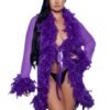 LuckeLadybug LLC purple feather trim robe with long sleeves and satin tie closure