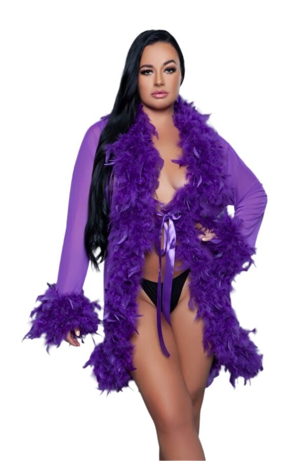 Feather Trim Robe Sheer Black Lingerie 59 Feather Trim Robe Sheer Black Lingerie LuckeLadybug LLC purple feather trim robe with long sleeves and satin tie closure