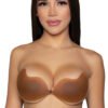 Woman wearing a mango shaped silicone bra adhesive bra by LuckeLadybug LLC in brown