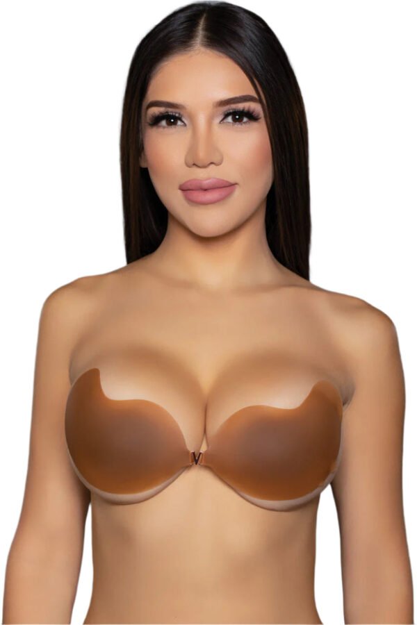 Woman wearing a mango shaped silicone bra adhesive bra by LuckeLadybug LLC in brown