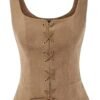 Tan medieval corset top for women featuring a lace-up front and fitted silhouette